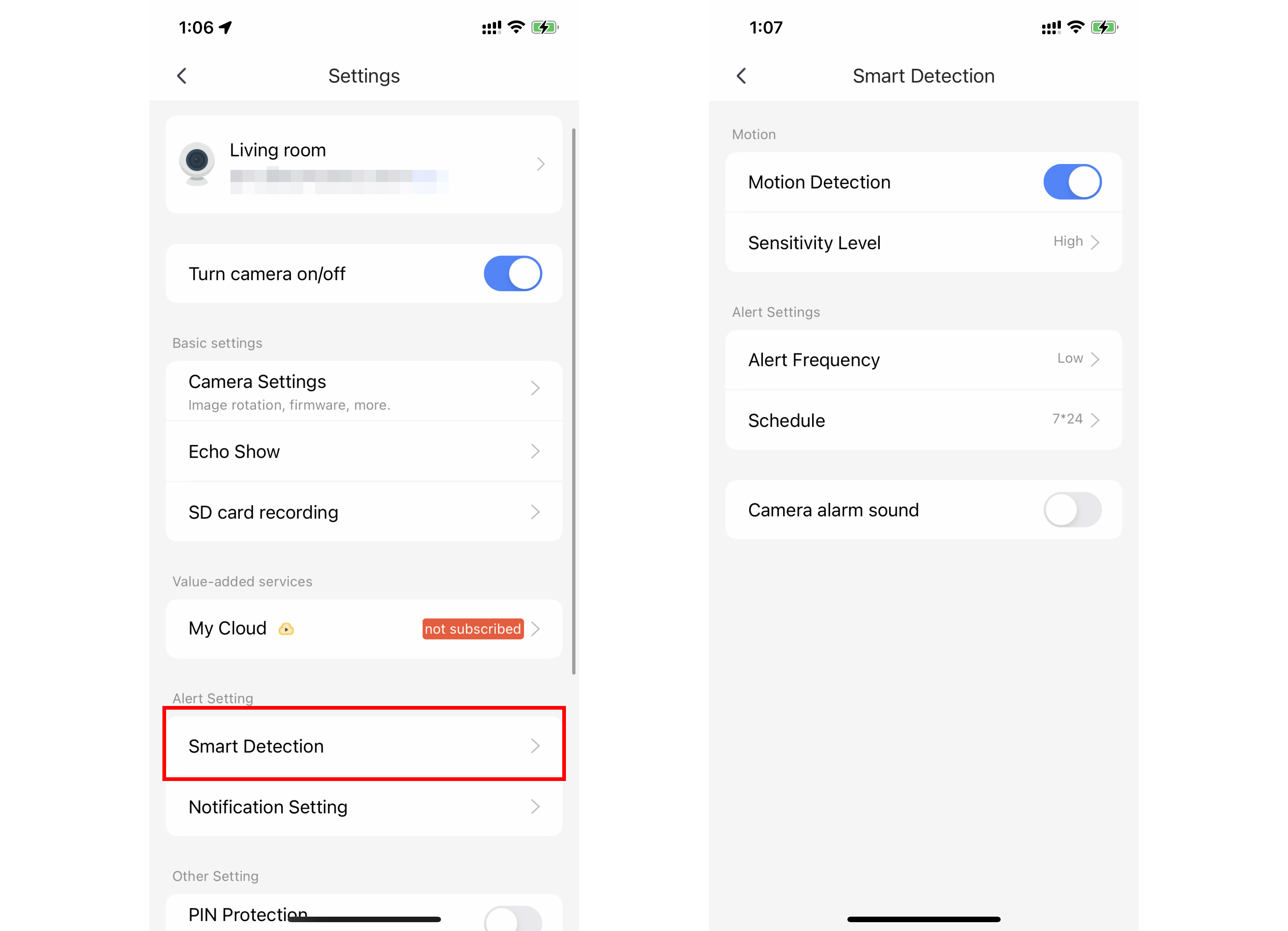 Motion Detection Settings - yi iot