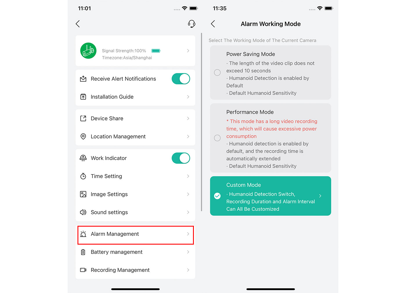 CloudEdge Mobile detection Settings