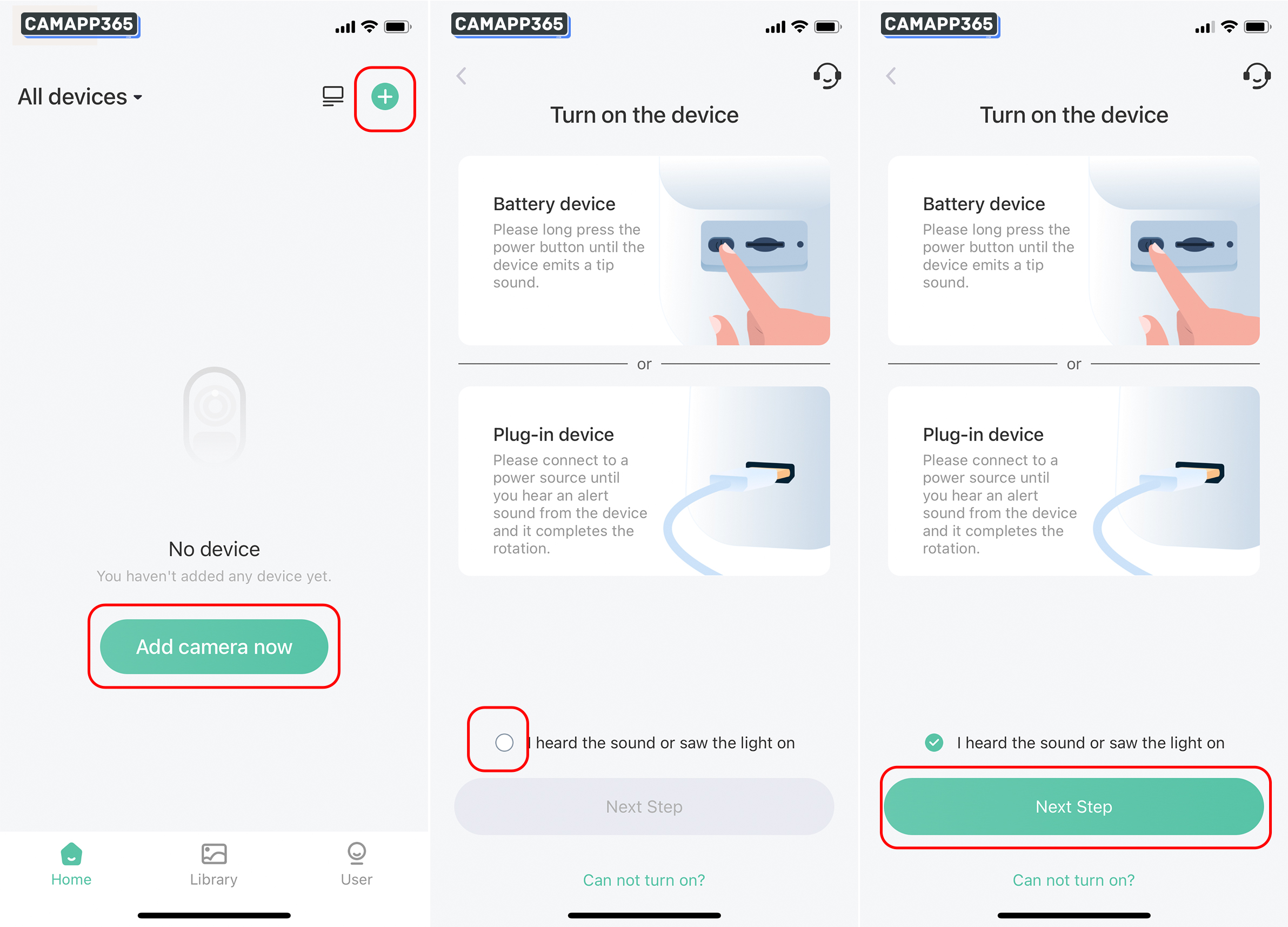 Tap on Add camera now or the + icon in the top right corner to link the VicoHome camera. Then, click on I heard the sound or saw the light on followed by Next Step.