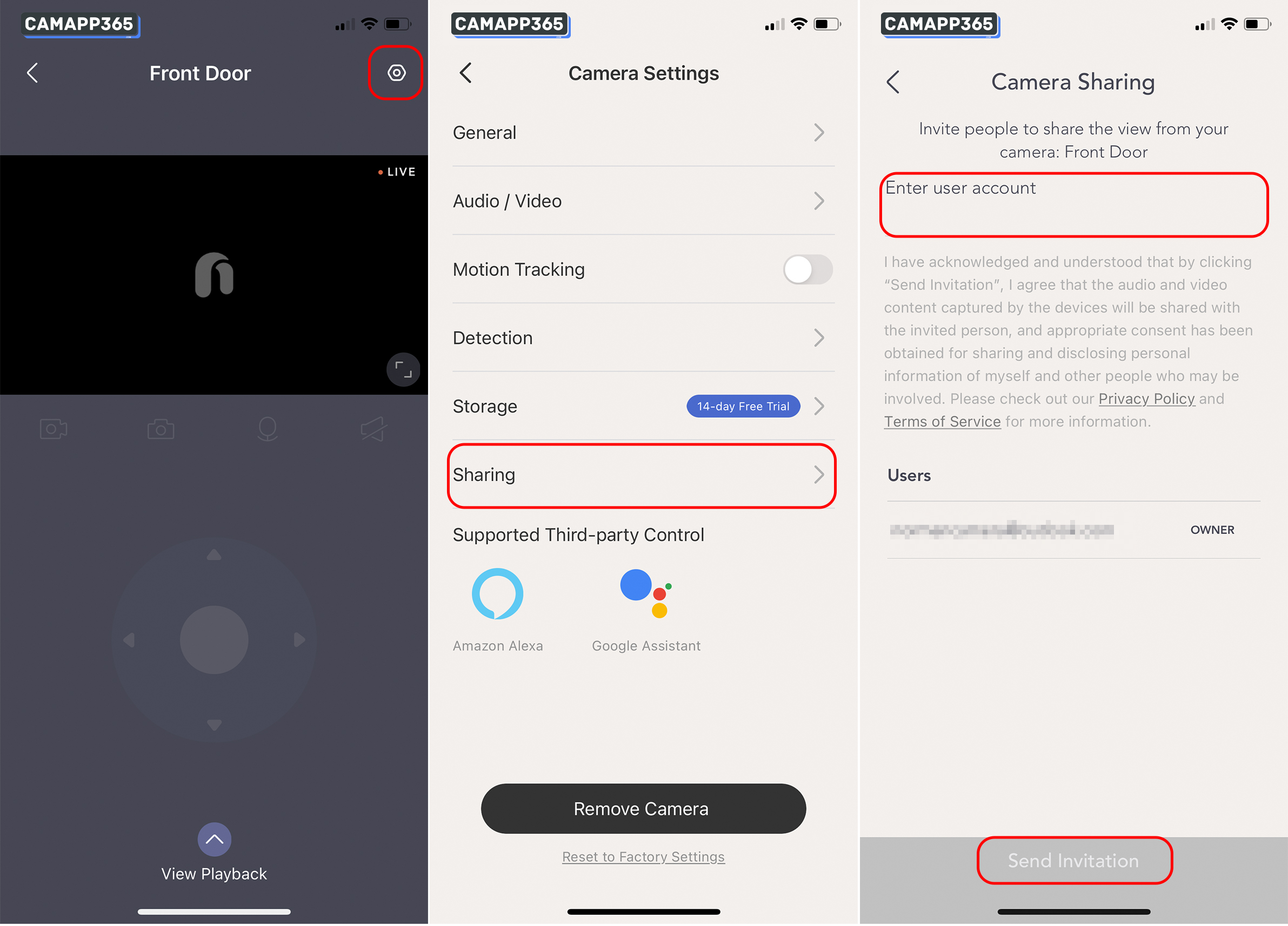 The Nooie app is the main way to control your Nooie camera and share access with others.
To share camera access, open the Nooie app and go to the Settings section. Then select 'Share' and add the email address of the person you want to share access with.
They will receive an invitation to download the app and access your camera.