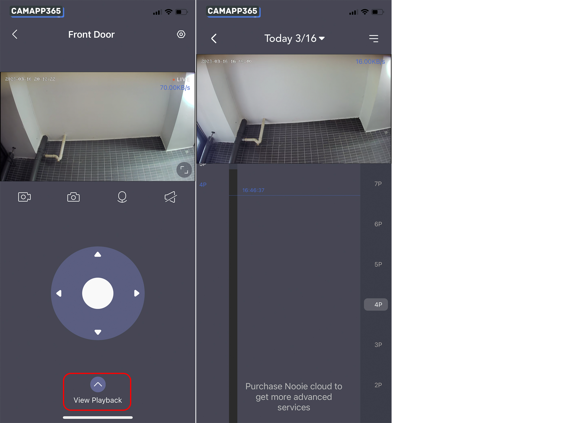 In the Live screen, click View Playback to view the recordings on the memory card.
If you have just inserted the card, you will need to wait a few minutes before you can view the video.