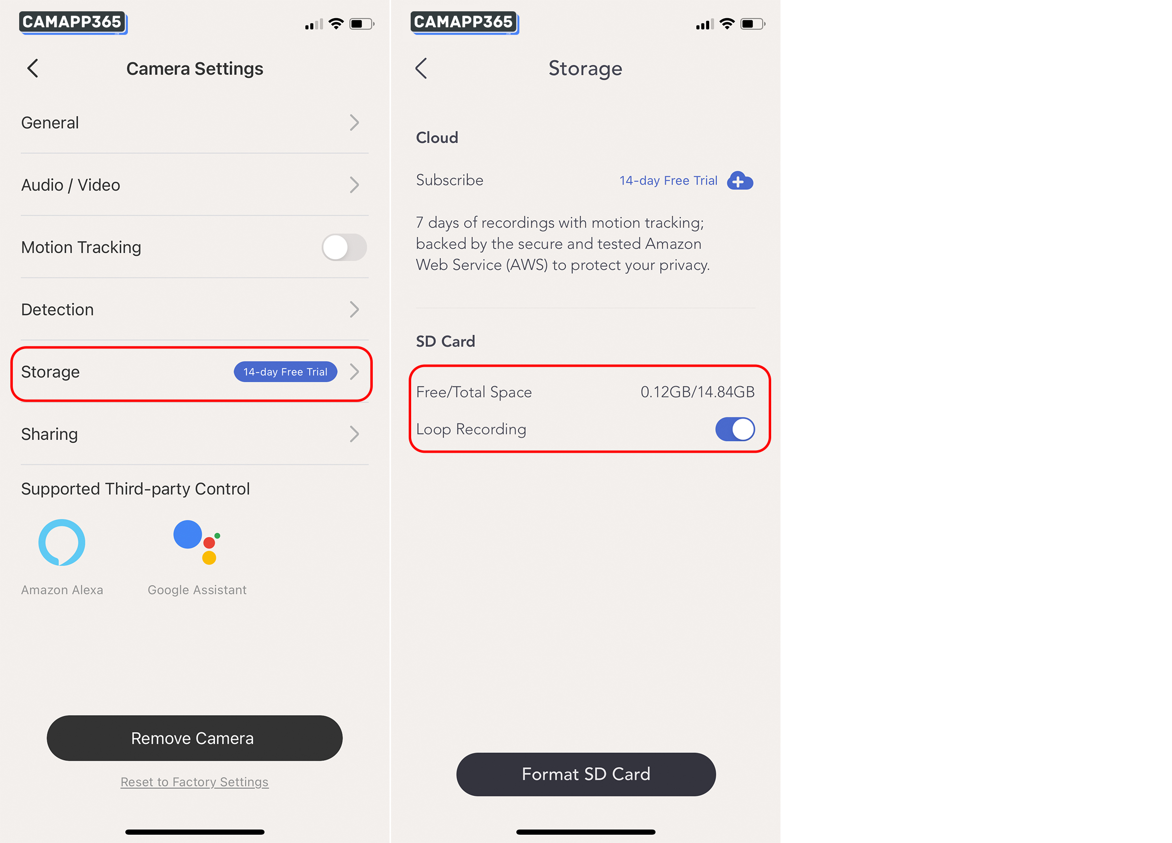 After inserting the memory card, you can see the card information in the Storage > SD Card screen.
The Nooie camera only supports 24-hour recording, it is not possible to set it to record only when an alarm occurs.