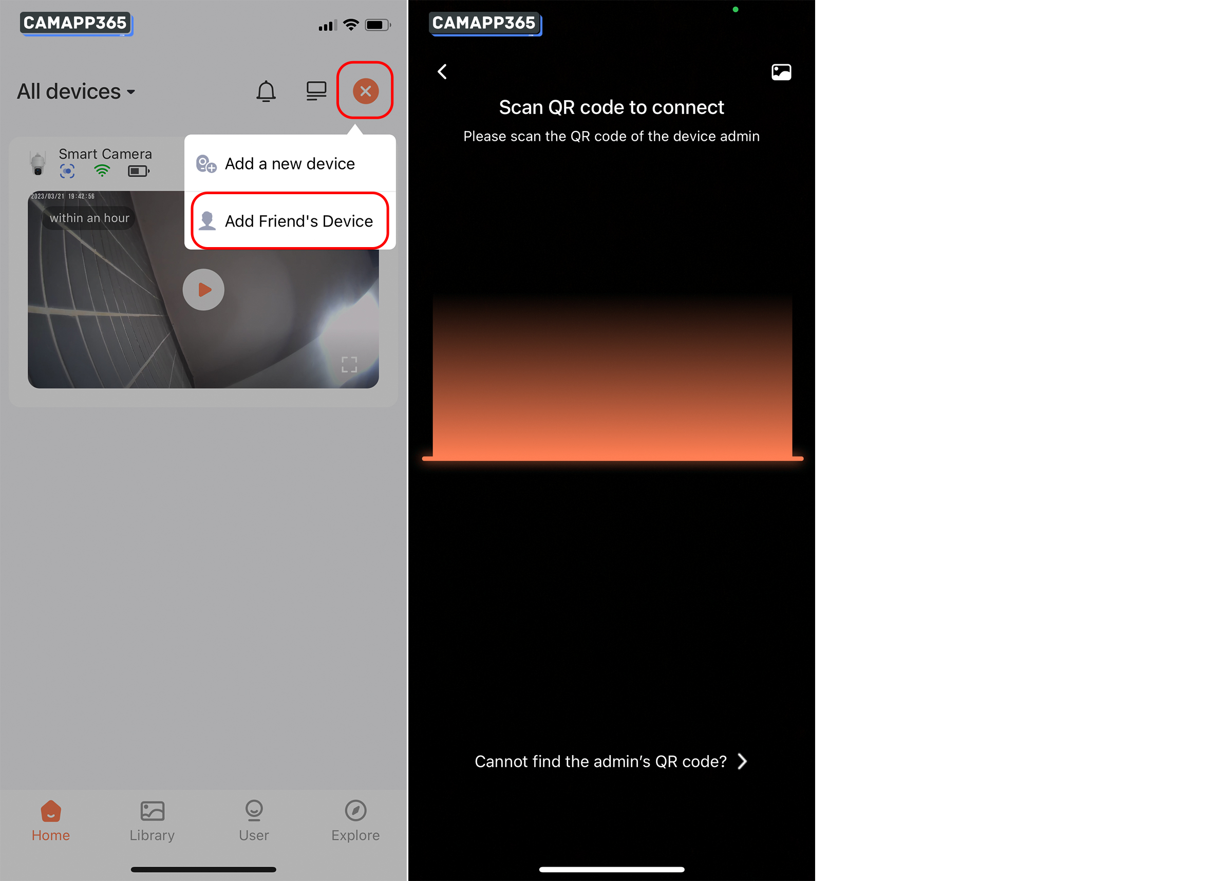 Invitees need to download the Dzees App and sign in, then open the + in the top right corner, select Add Friend's Device and scan the shared QR code to add the camera.