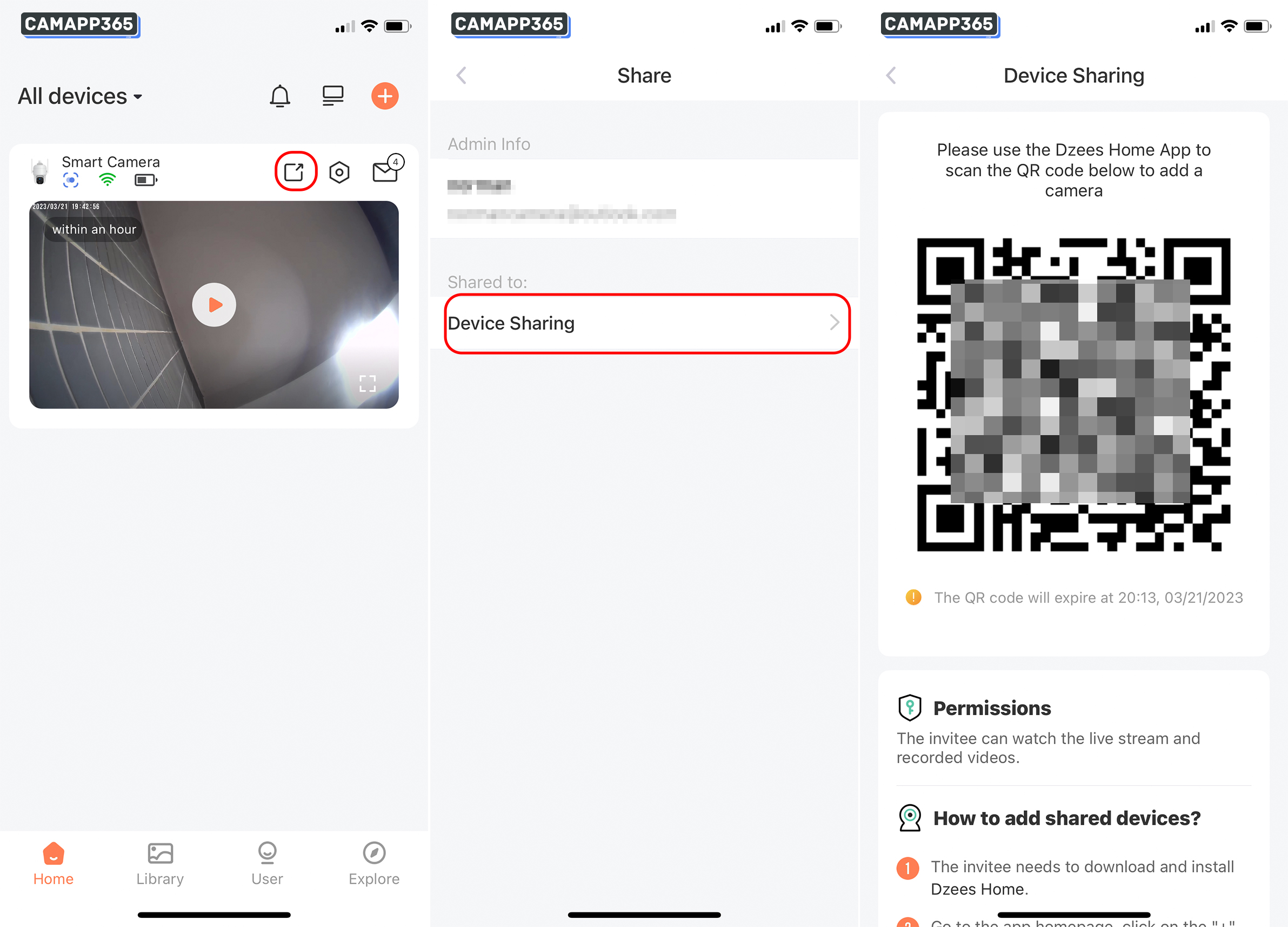 Click on the "Share" icon and a QR code will appear in the Device sharing options. Save this QR code and share it with your family or friends.