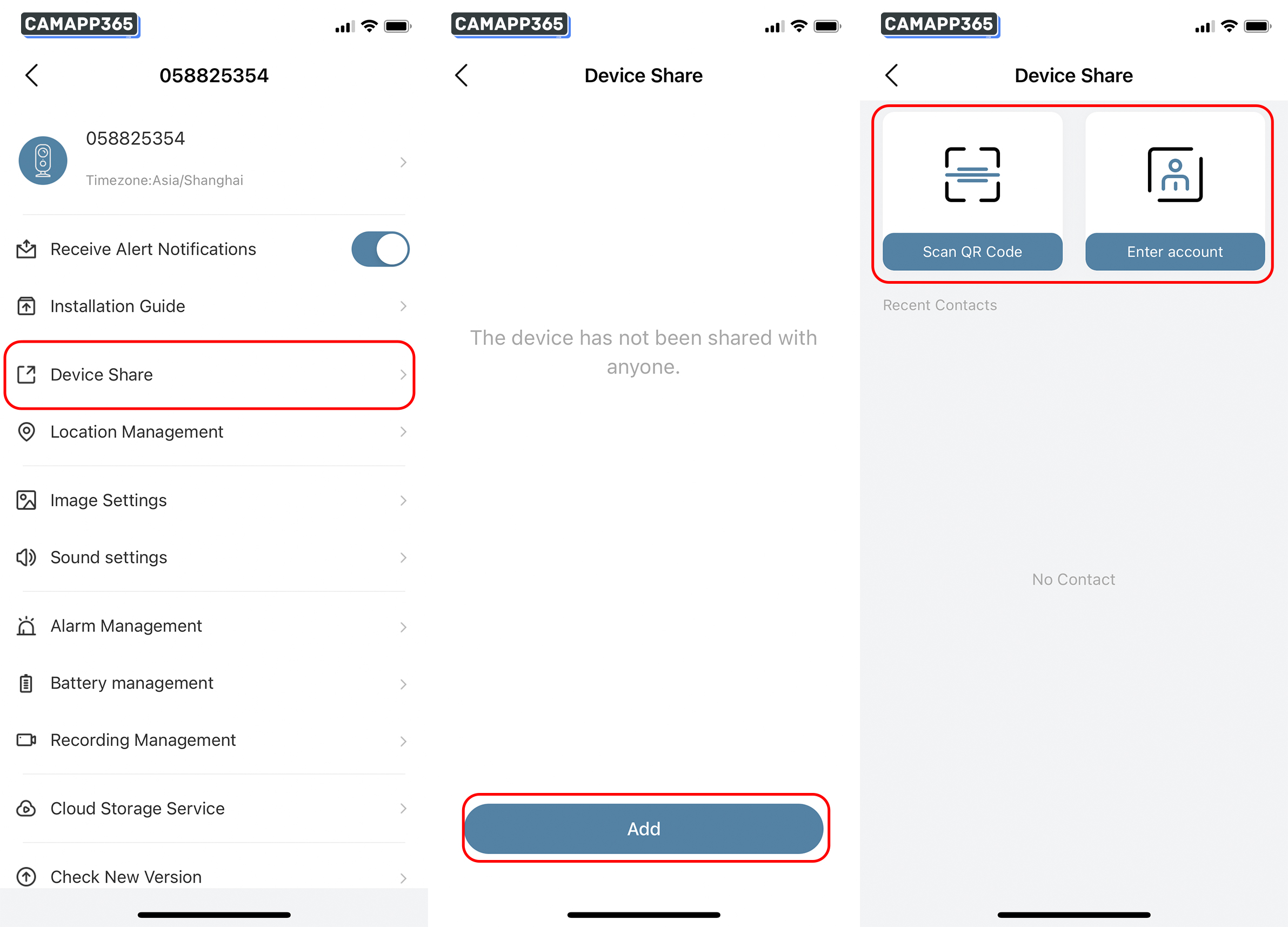 You can share ZUMIMALL camera to your family, while multiple people use the camera. Your family members need ZUMIMALL account to share.
Enter the camera settings interface, click Device Share > Add > Select sharing mode.