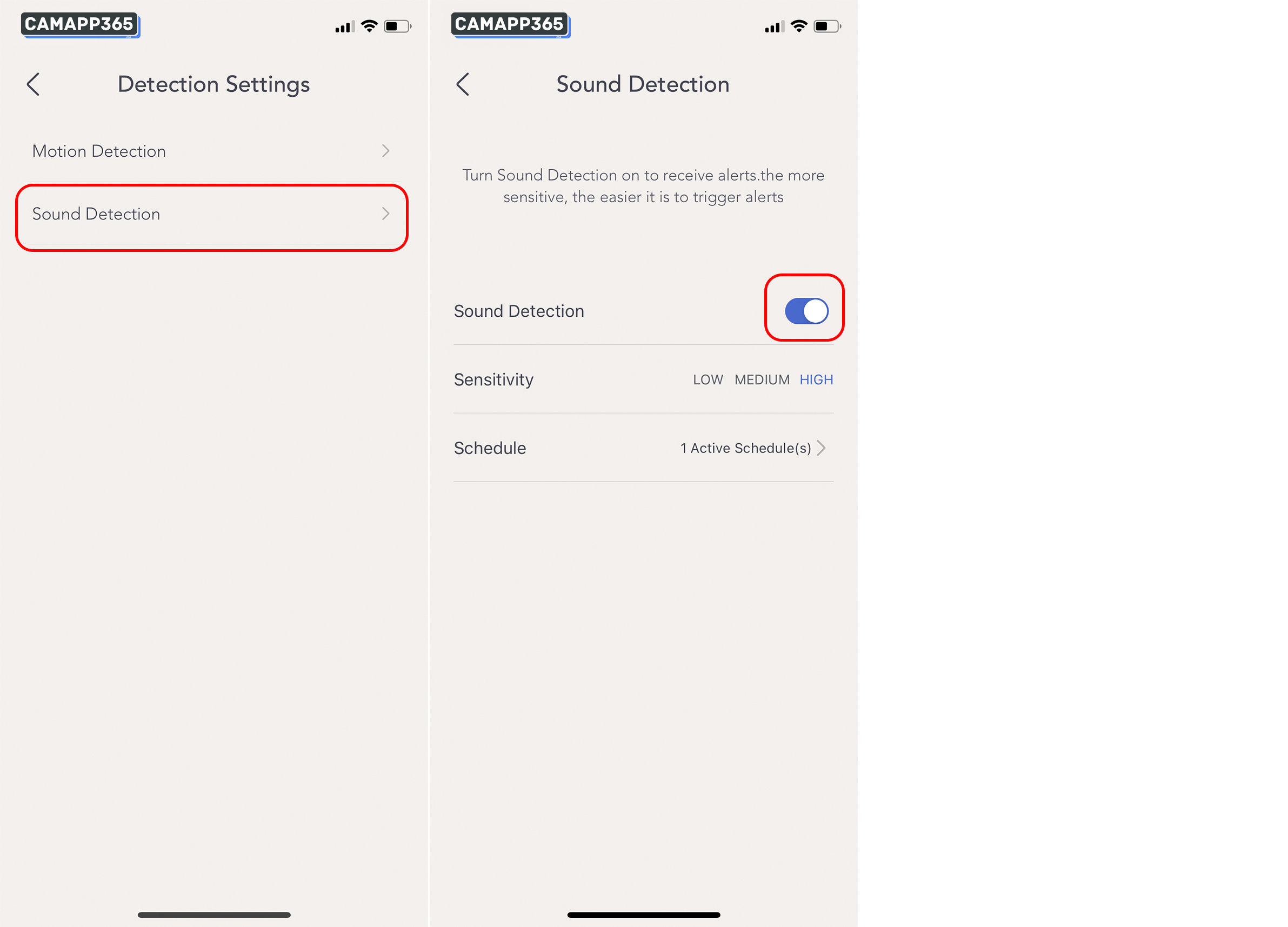 Click on Sound Detection, to open Sound Detection.
Now when the nooie camera detects an unusual sound it will send a notification to your phone.