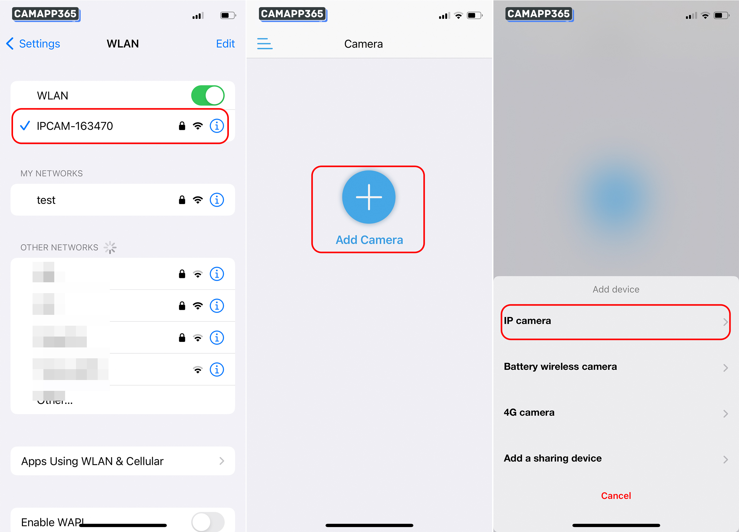 Open your phone settings, then connect to the CamHiPro camera hotspot wifi, wifi name is "IPCAM-XXXXX" ,Default Password "01234567".
After connecting wifi, return to CamHiPro APP, then click Add Camera, select IP camera.