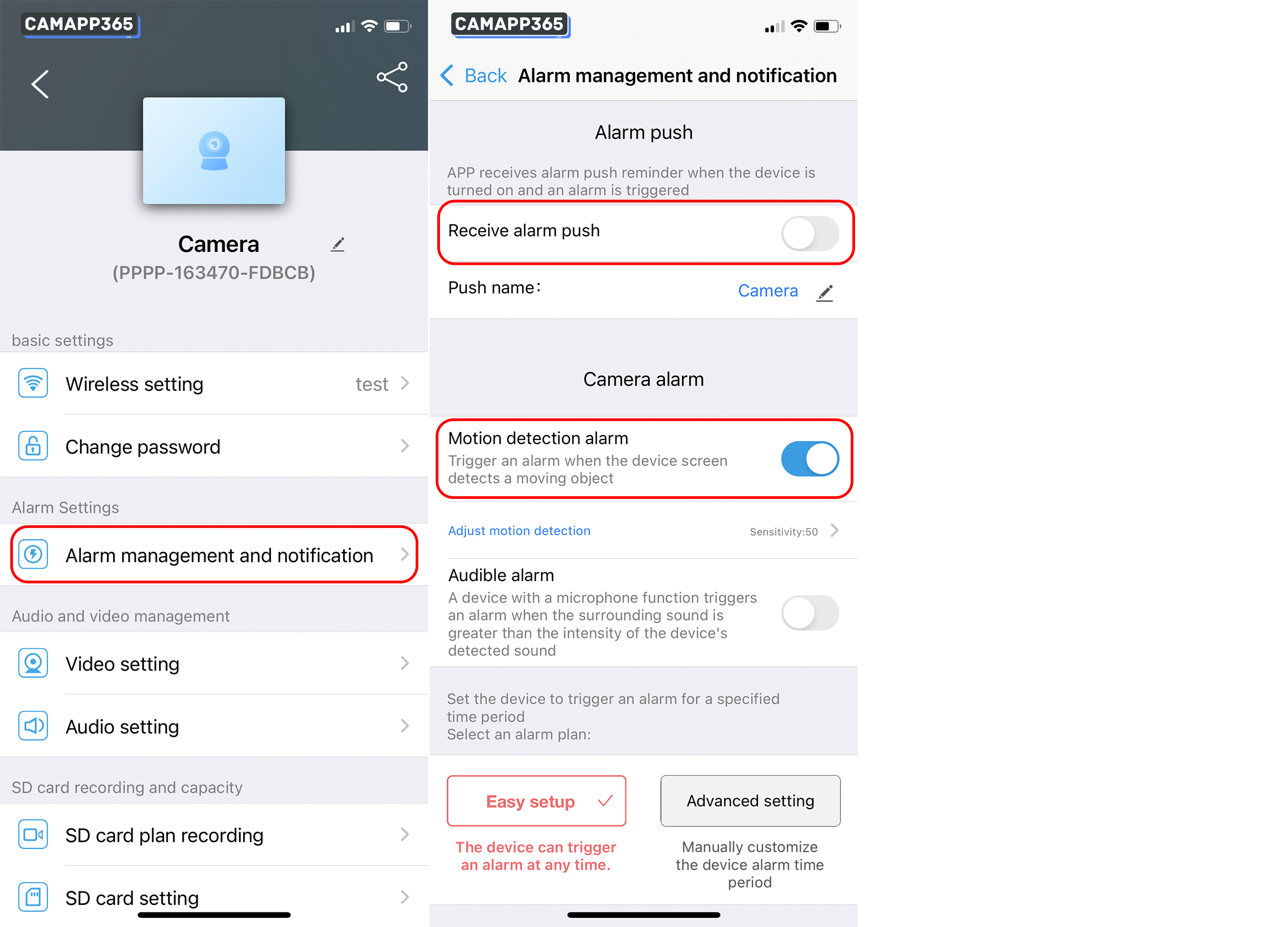 Go to Alarm management and notification, turn on Receive alarm push and Motion detection alarm.
