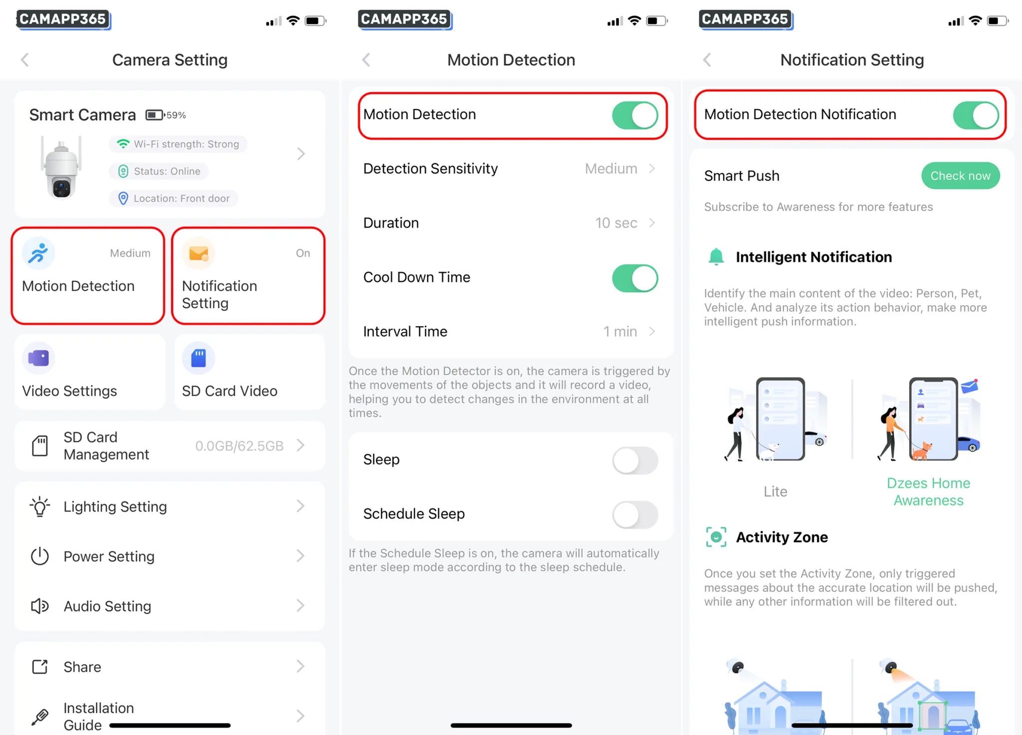 GMK cameras are enabled by default for motion detection and alarm notifications. If you need to change the settings, you can do so in the Motion Detection and Notification Setting screen.