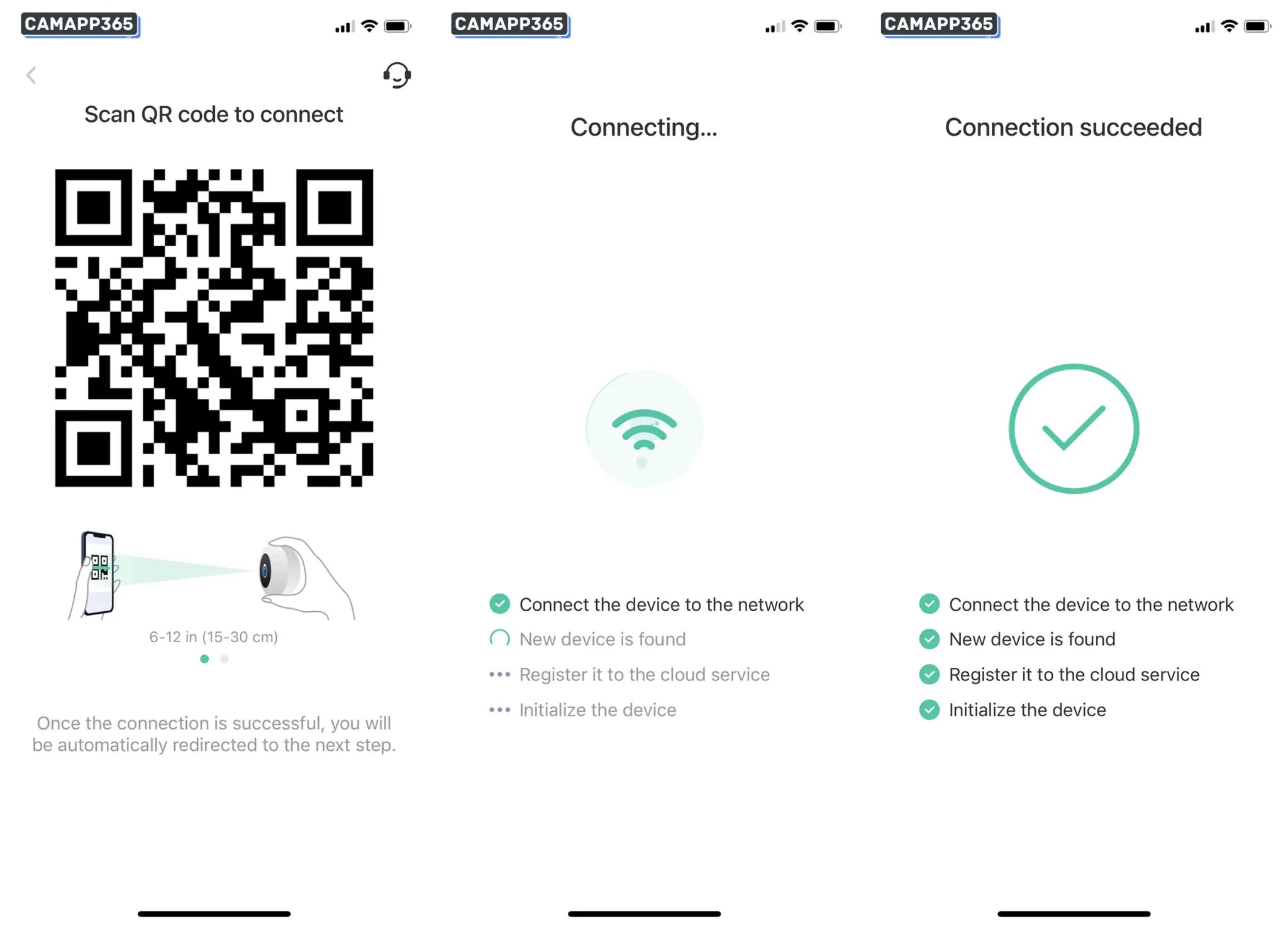 Display the shown QR code to the GMK camera for scanning, keeping a distance of 6-12 inches. The camera will emit a voice prompt when it successfully scans the QR code. Wait for the camera to connect to your Wi-Fi, which takes approximately 1-2 minutes. After successfully connecting, the app will automatically proceed to the next step.