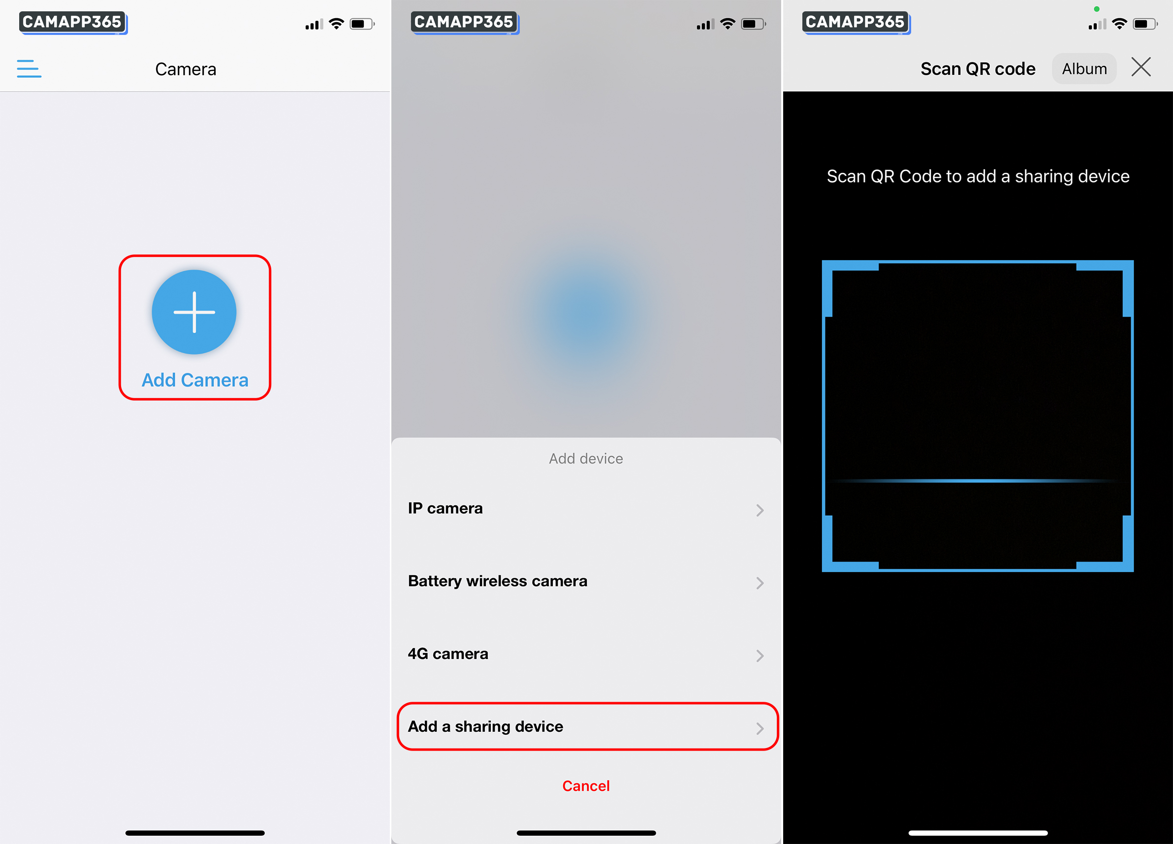 To add a CamHiPro camera to a mobile phone, download and install the CamHiPro APP, then click Add Camera , select Add a sharing device