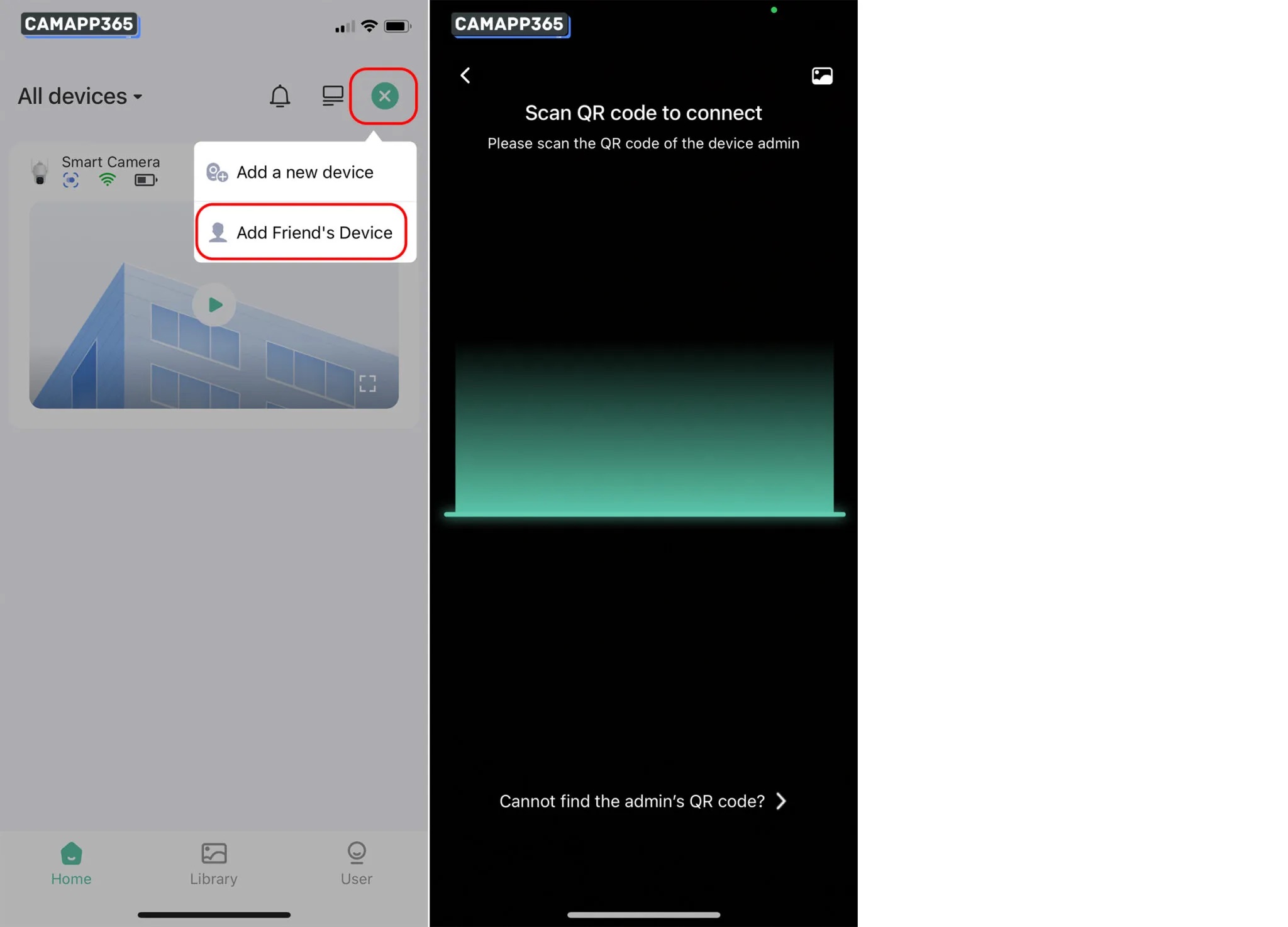 Invitees need to download the VicoHome App and sign in, then open the + in the top right corner, select Add Friend’s Device and scan the shared QR code to add the camera.