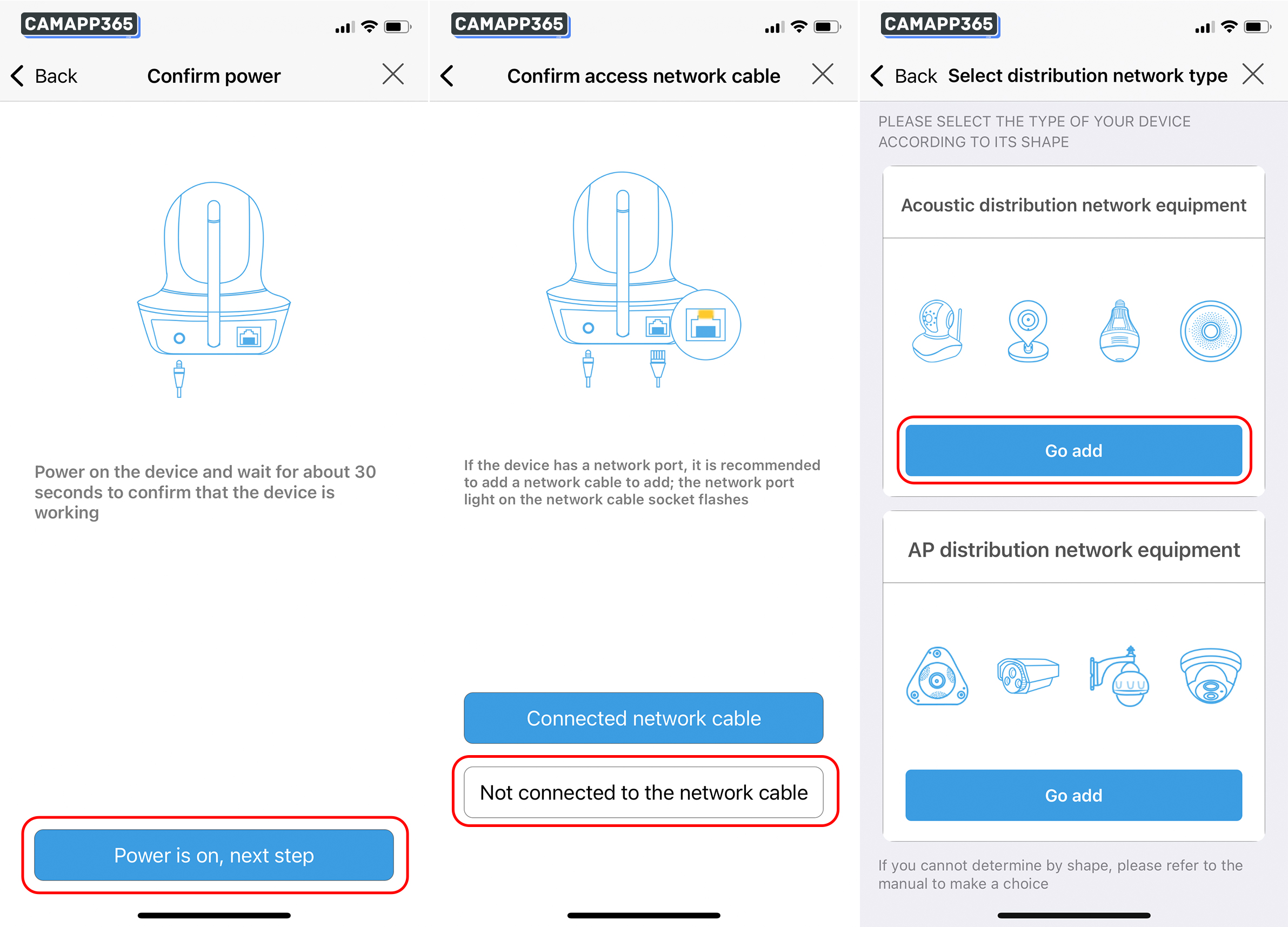 Click on Power is on, next step, Not connected to the network cable, select Acoustic distribution network equipment