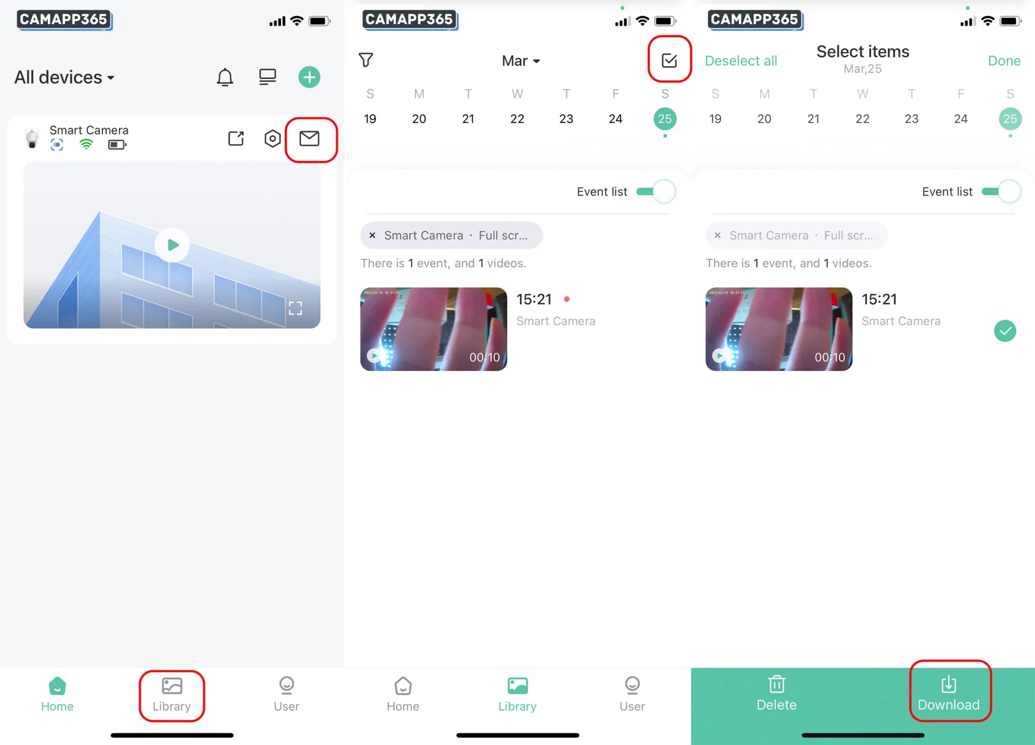 Click on the Library or “” icons to view alarm messages and click on a message to view a video. GMK cameras offer free cloud storage and recorded videos will be deleted after 7 days. If you have an important video, you can click “Download” to save it to your phone.
