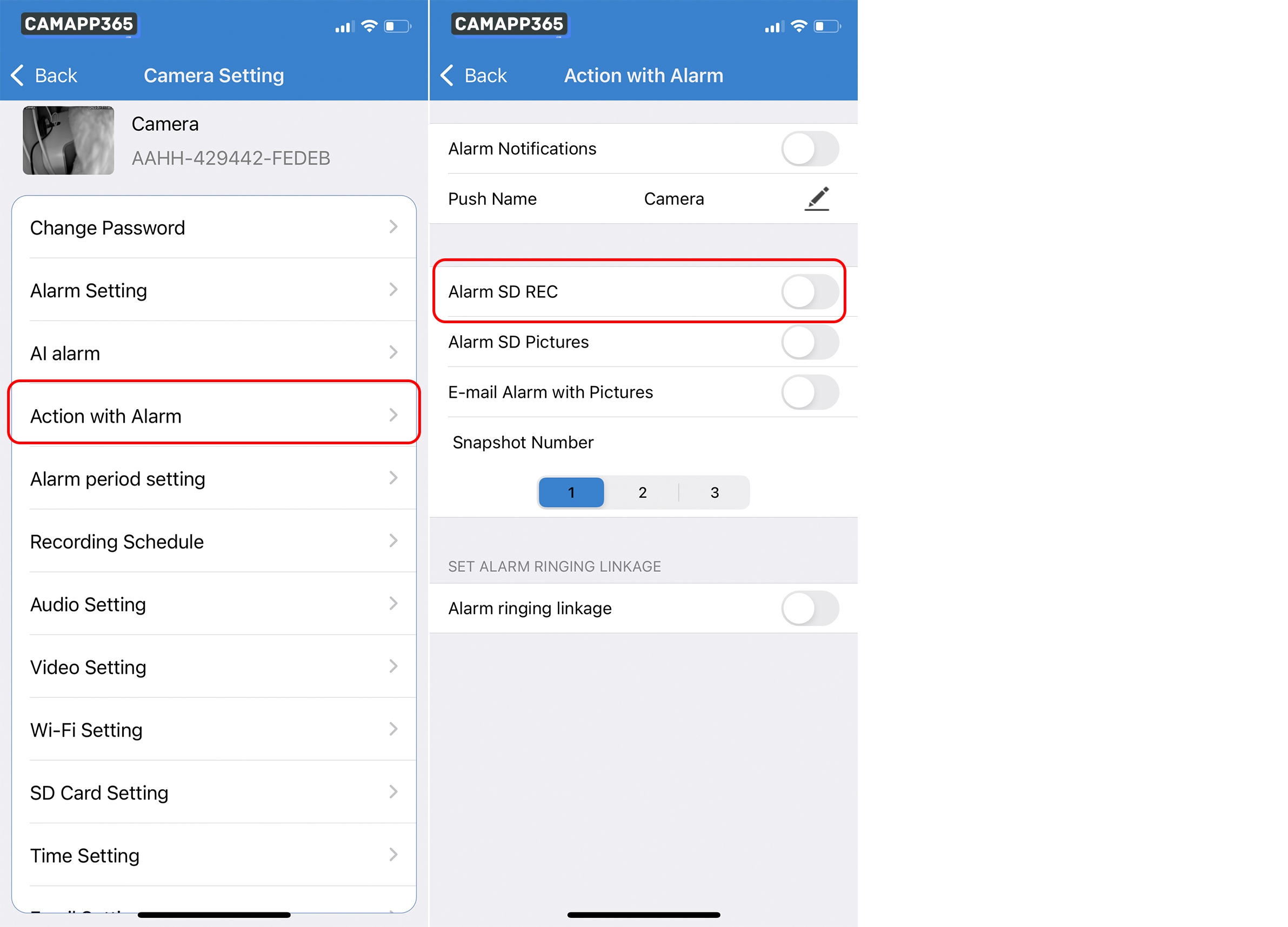 Alarm recording settings