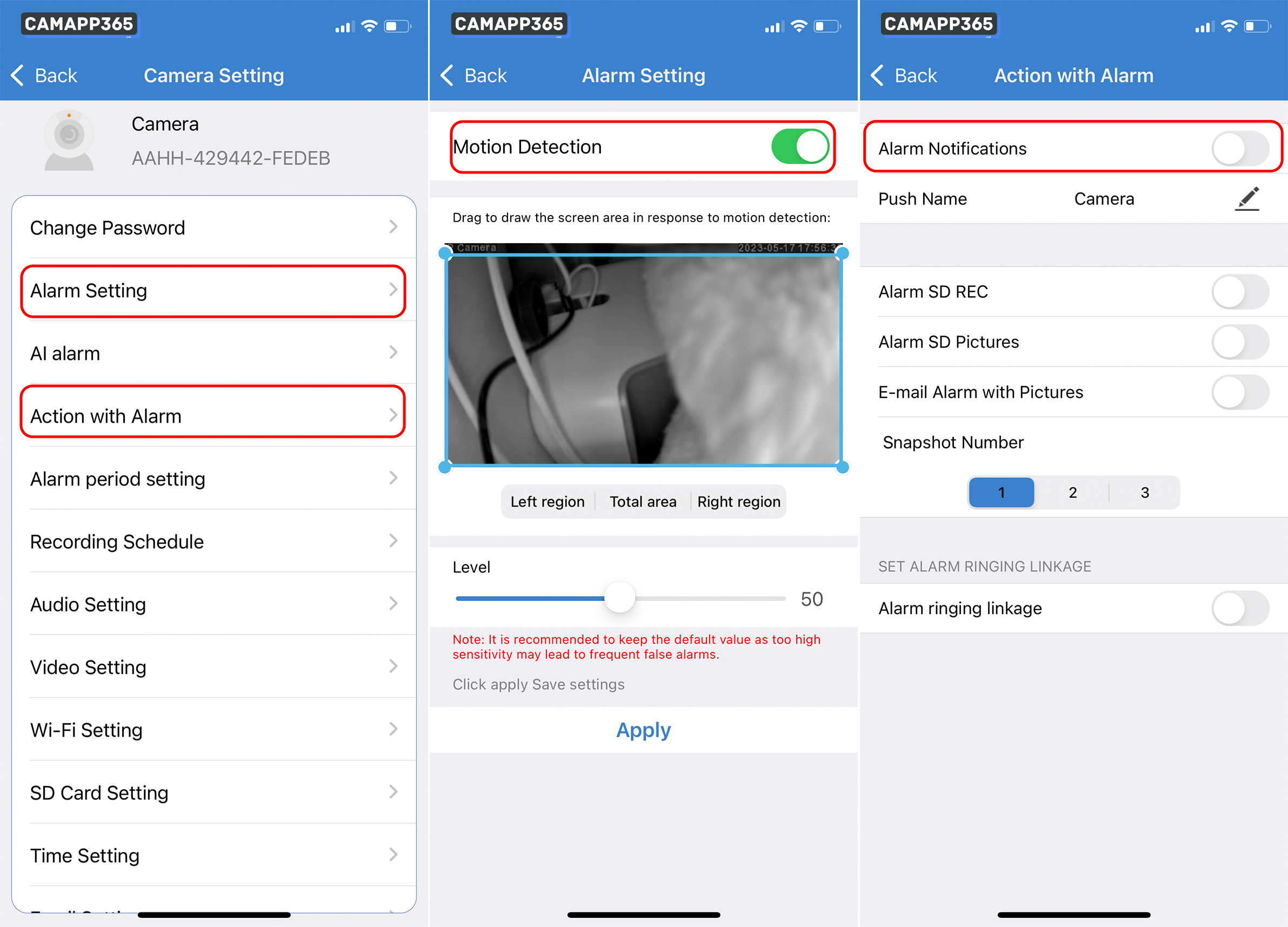 Motion detection settings