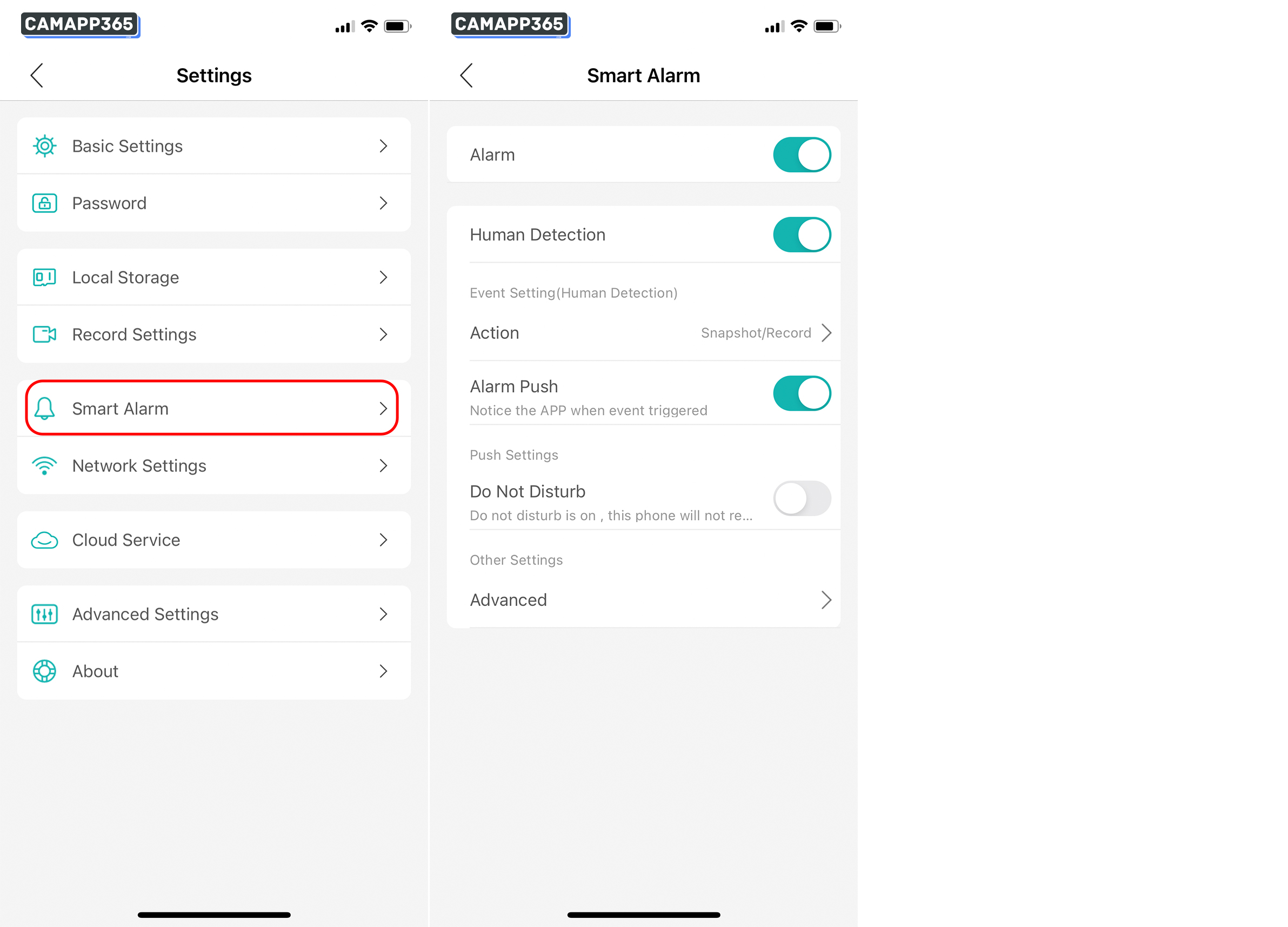 Motion detection alarm settings