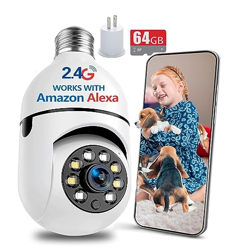 3MP Light Bulb Security Camera 2.4ghz,360 Degree Light bulb Camera Wireless Outdoor Indoor Full Color Day And Night,Motion Detection,Sound Alarm,Easy To Install,Compatible With Alexa With 64GB Card